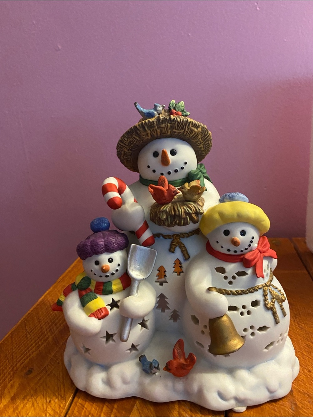 Festive White Snowman Family Figurine with Colorful Accents